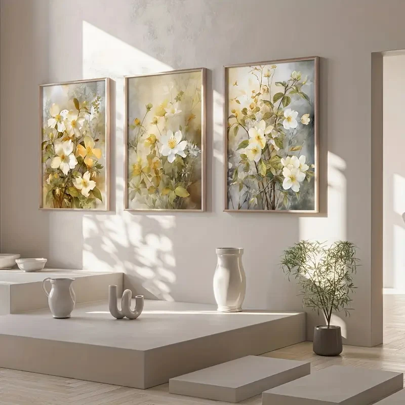 3PCS Frameless,3pcs/set Retro Floral Watercolor Plant Gallery Wall Art Canvas Printed Matter Country Poster Bedroom Living Room