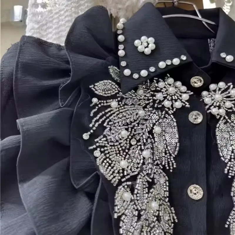 Moda pesada miçangas lantejoulas camisa branca para mulher 2025 nova lapela pescoço blusa preta y2k manga longa babados topos mujer