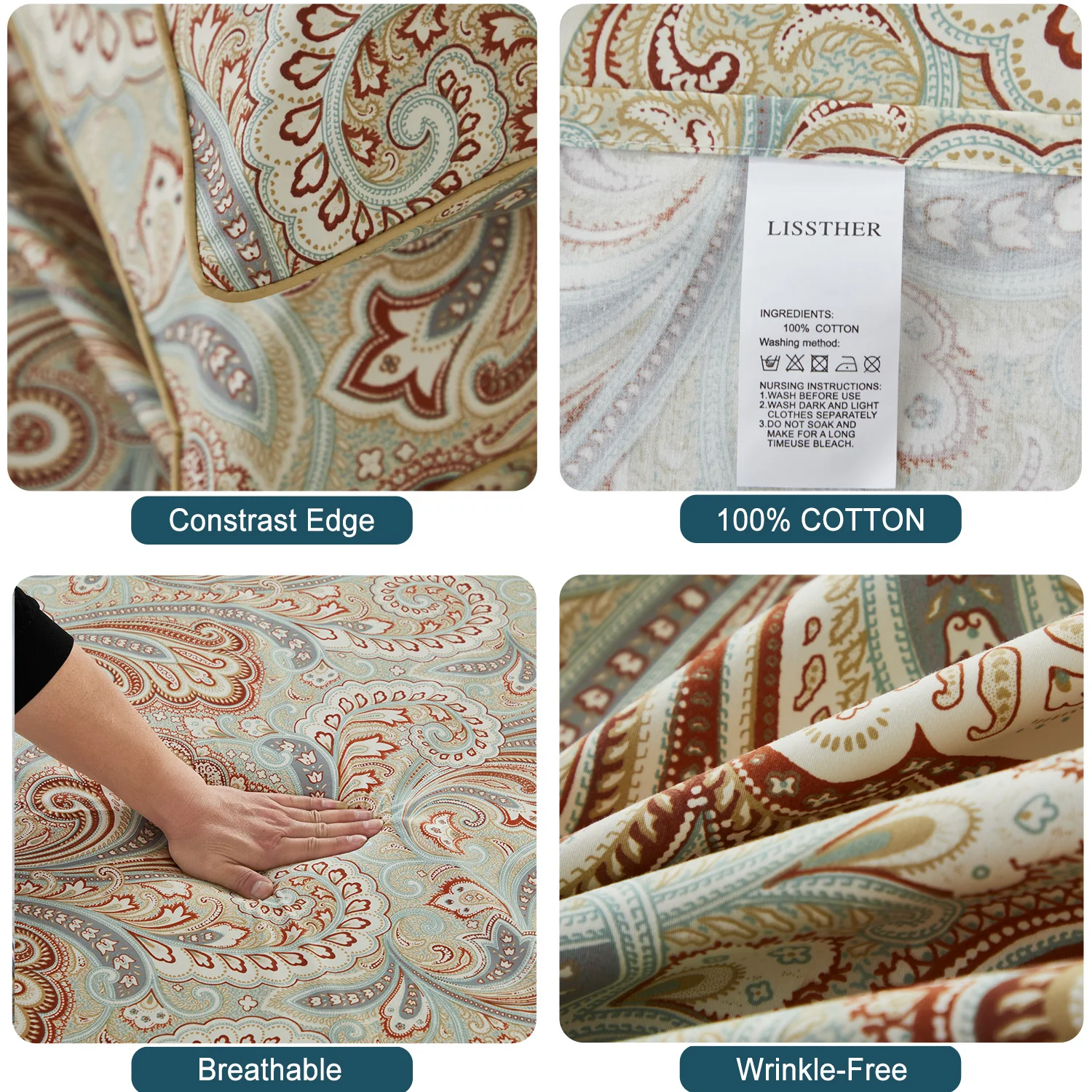 3pcs 600TC 100% Egyptian Cotton Duvet Cover Set, Luxury Vintage Boho Paisley Bedding (No Inserts)