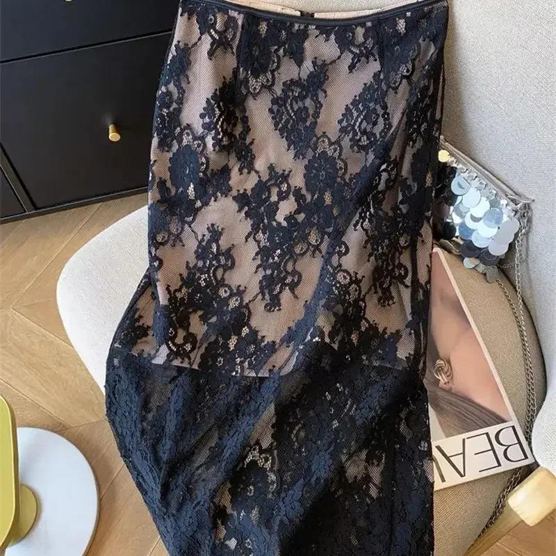 

New Korean Fashion Lace Pencil Skirt Women Elegant High Waisted Slim Wrapped Hip Split Club Party Skirts Office Lady Midi Jupe