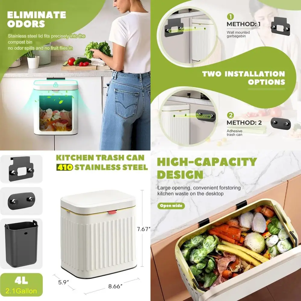 

Dual-Purpose Kitchen & Compost Bin, 4L Wall-Mounted Trash Can for Countertop or Under Sink, White