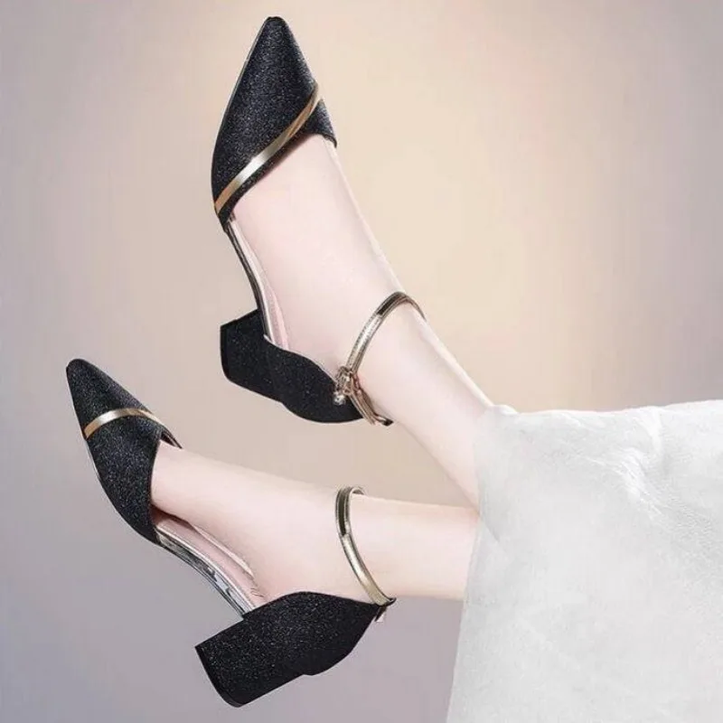 2024 Spring and Autumn New Sequin Wedding Shoes Women All Wear Chunky Single Shoes One Line Buckle Bridesmaid High Heels