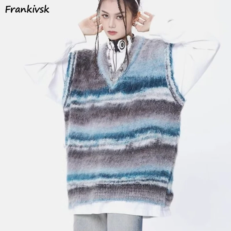 V-neck Sweater Vest Women Casual Vintage Soft Striped Knitwear Aesthetic Personality High Street All-match European Style Mujer