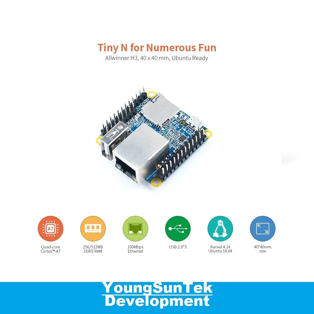 NanoPi Neo (256M/512M RAM) LTS Allwinner H3 Quad Cortex-A7, 1.2GHz, USB2.0, Ethernet de 100M, OpenWRT, Ubuntu Linux Armbian DietPi Kali