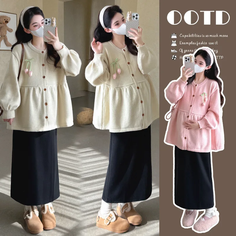 traje-de-maternidad-para-primavera-y-otono-cardigan-con-cuello-redondo-y-manga-abullonada-con-estampado-floral-sueter-para-embarazadas-y-falda-midi-conjunto-de-dos-piezas