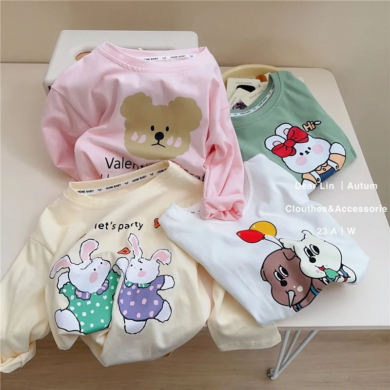 Baby Girls Boys Long Sleeved T-shirt Toddler Cartoon Shirts Kids Top Tees 2024 Spring Autumn Children\'s Korean Style Clothing