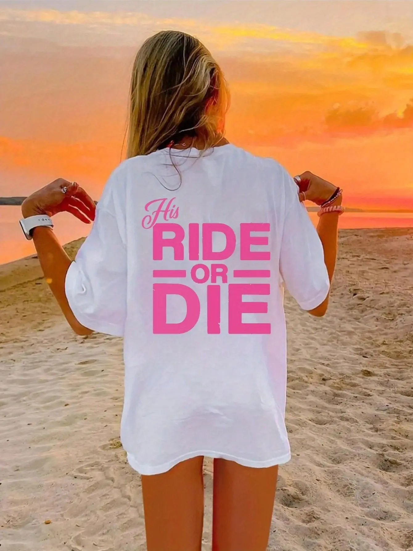 Men'S And Women'S His Ride Or Die Graphic T-Shirt, White 100% Crew Neck Short Sleeve Tee with Bold Pink Geometric Print, Lightweight Casual Summer Spring Shirt And Statement Graphic Streetwear, S-3XL