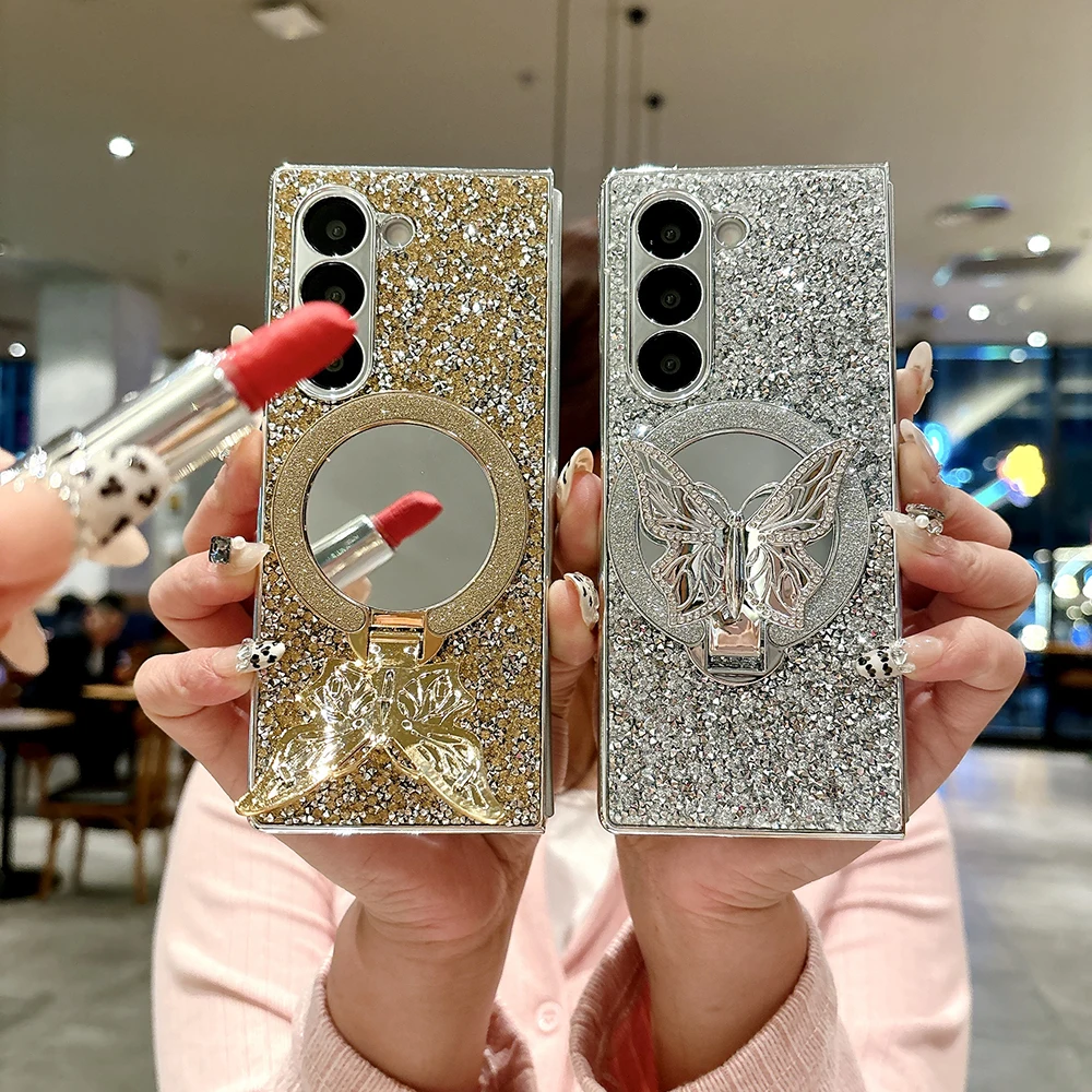 Luxury Hard PC Electroplated Frame Phone Cover for Samsung Galaxy Z Fold 7 6 5 4 Case with Butterfly Bracket