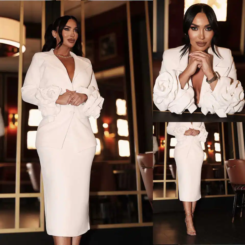 Single Breasted Women Suits Flowers Ruffles Business Ladies Skirts Dress Sets 2 Pieces Customized Party Prom Outfits
