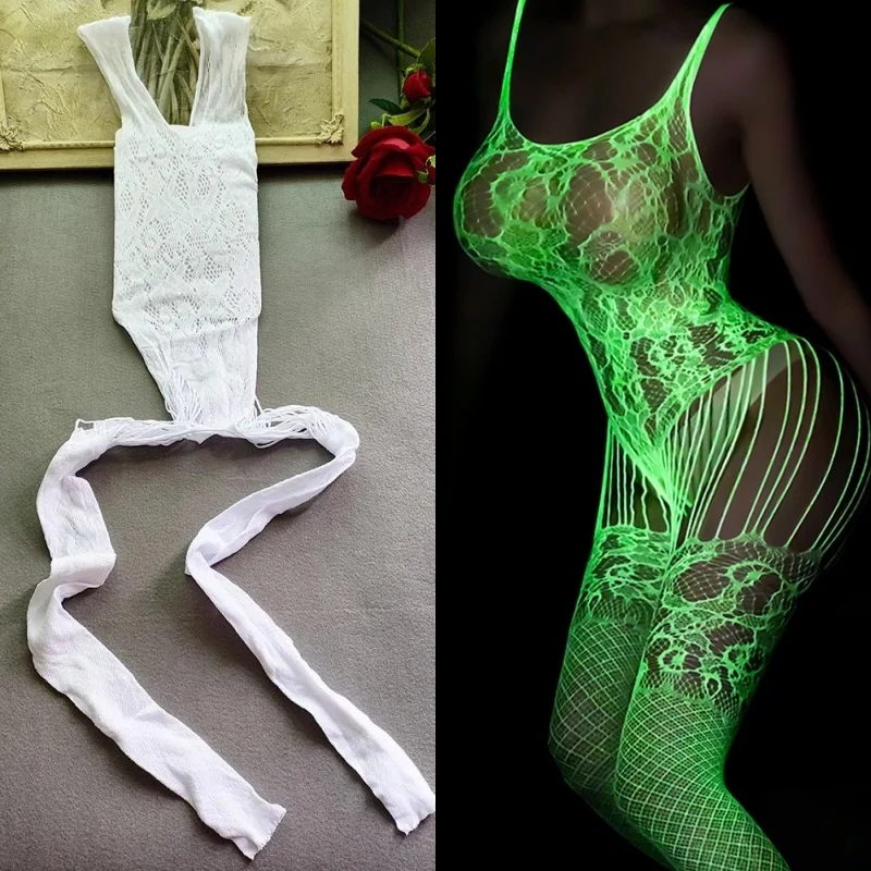 Luminous Fishnet Plus Size Stockings Women Elastic Mesh Open Crotch Tights Party Club Body Pantyhose Fishnet Crotchless Lingerie