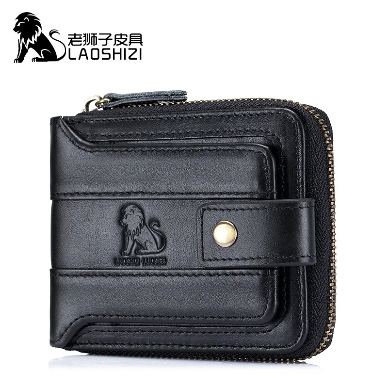 

LAOSHIZI Men Genuine Leather Brand RFID Wallet Male Organizer Coin Purse Pockets Slim Fashion Zipper Clamp Wallet Card Holder