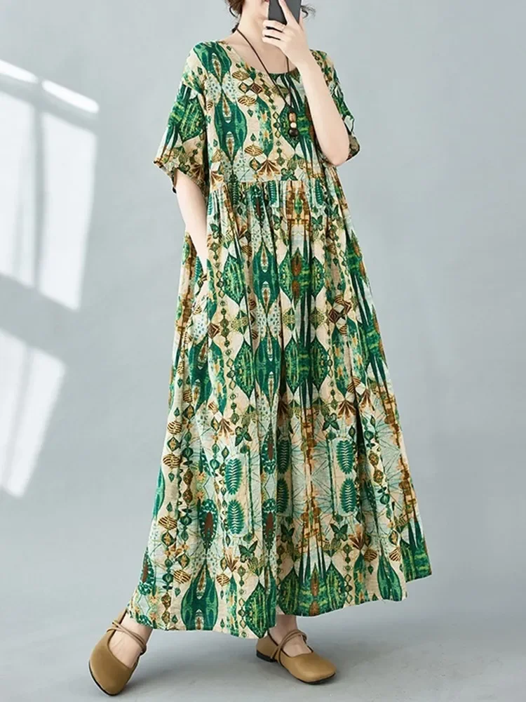 z krótkim rękawem oversize bawełna vintage kwiatowy nowość w sukienkach dla kobiet luźna długa letnia sukienka elegancka odzież 2025