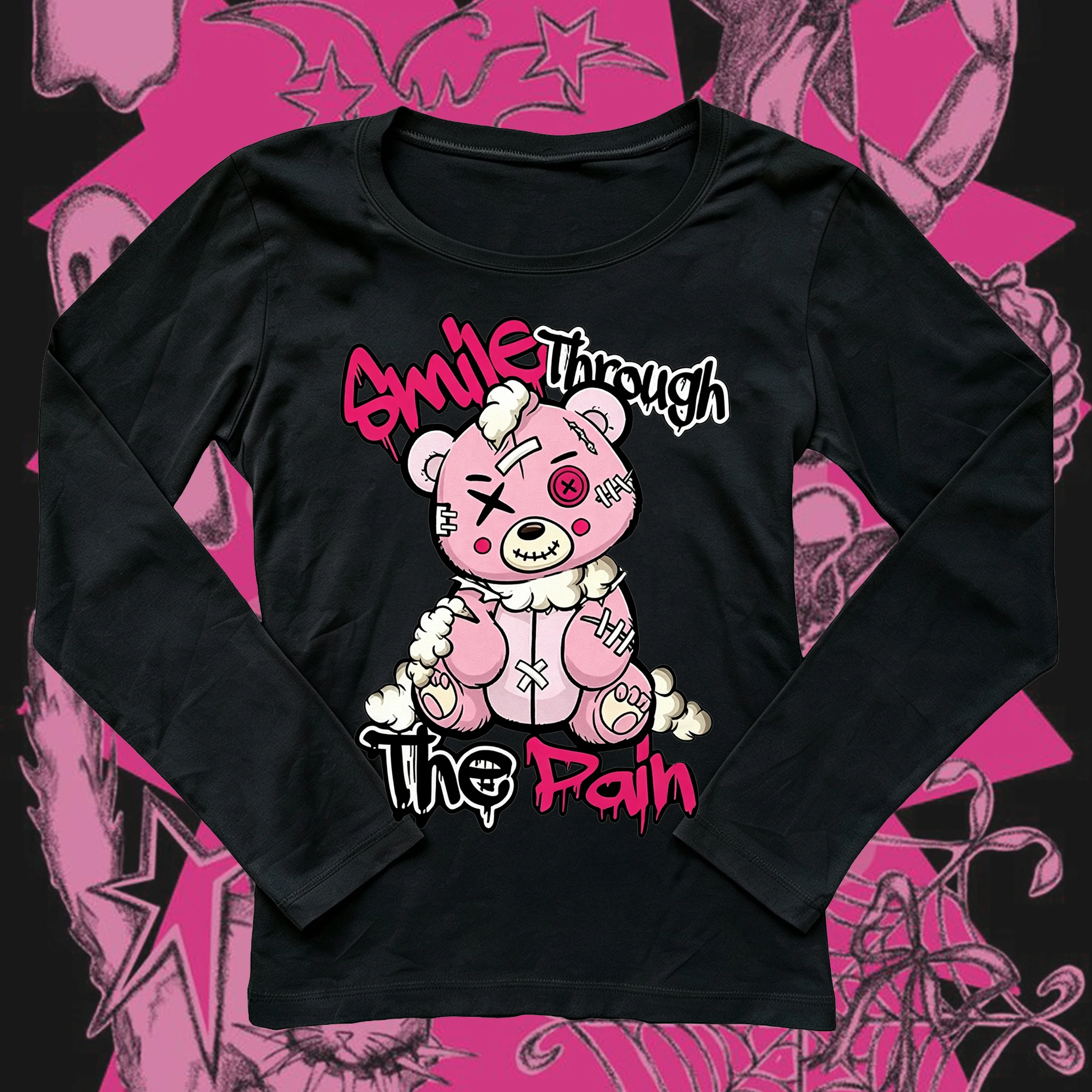 Women Long Sleeve T Shirt Y2K Emo Stitched Broken Bear Smile Through The Pain Graphic Print O Neck Slim Fit Ladies Autumn Casual