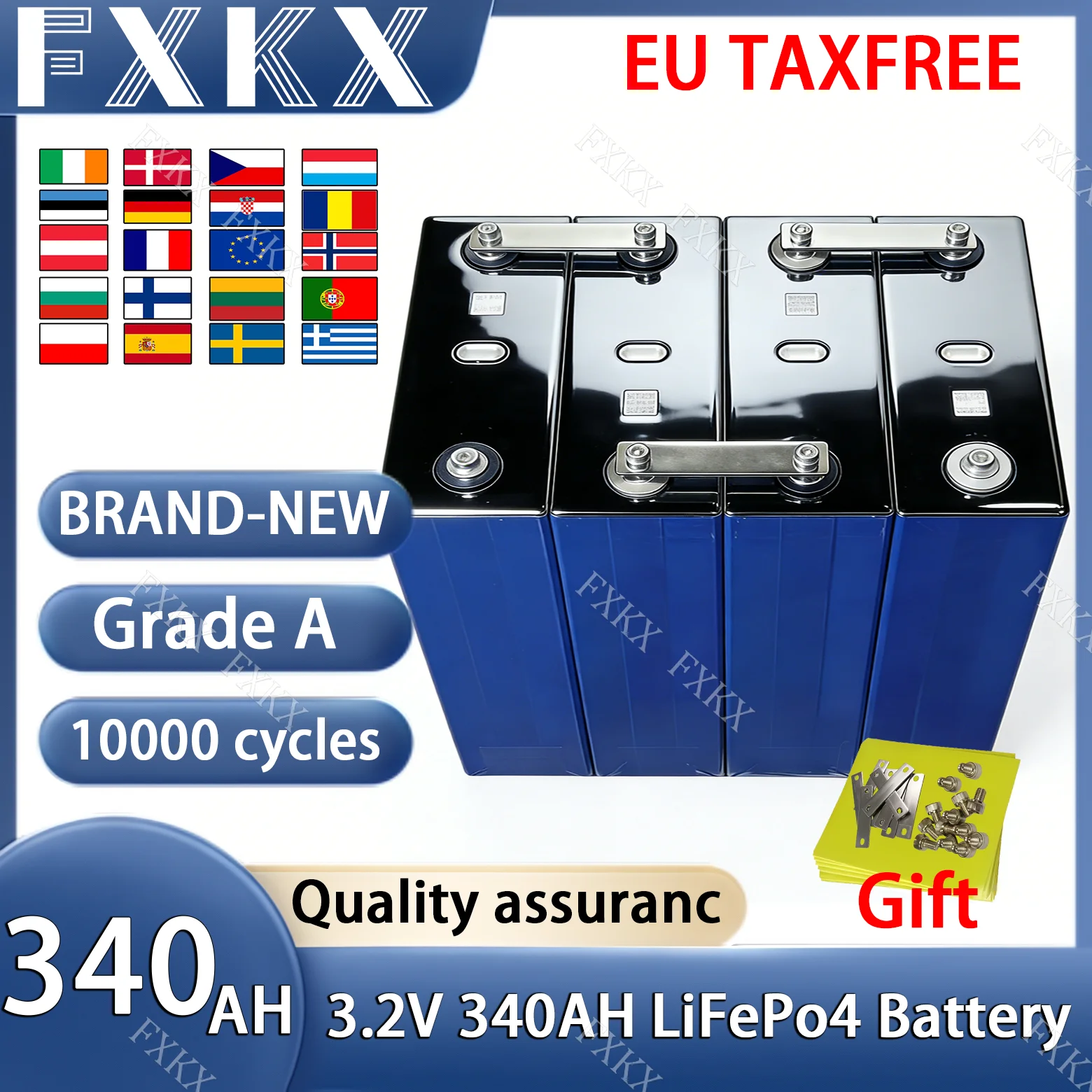 

10000 Cycles 3.2V 340AH Lifepo4 Rechargeable Battery Grade A DIY12V 24V 48V RV EV Boat Golf solar energy camping duty-free