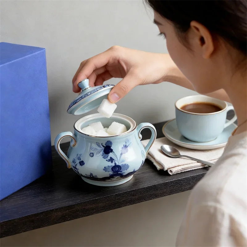 Oriental Series Ceramic Double Handles Coffee Sugar Tanks High-end Exquisite Household Table Sugar Bowl with Lid