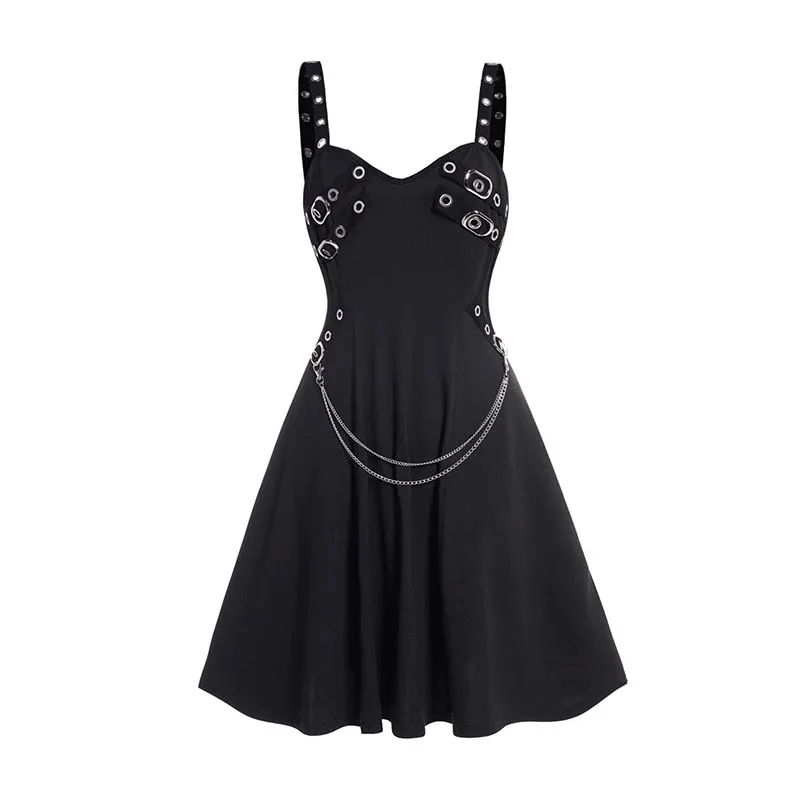 

2024 Women Summer Gothic Dress Plain Color Dress Grommet Buckle Chain Embellishment High Waisted Sleeveless A Line Midi Dress