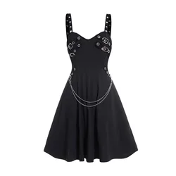 2024 Women Summer Gothic Dress Plain Color Dress Grommet Buckle Chain Embellishment High Waisted Sleeveless A Line Midi Dress