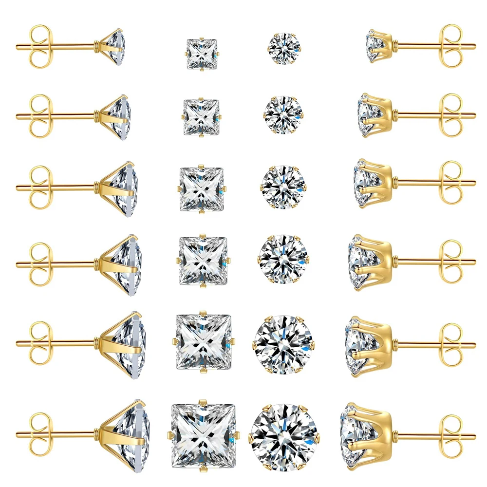 1-12 Pairs Multipack Trendy Stainless Steel Small Tiny White Cubic Zirconia Stud Earrings Set for Men Women Hypoallergenic 3-8mm