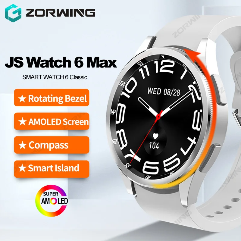 JS Watch 6 Max Classic AMOLED Smart Watch Men Rotating Bezel Compass Bluetooth Calls Heart Rate Smart Island Sport Smartwatch