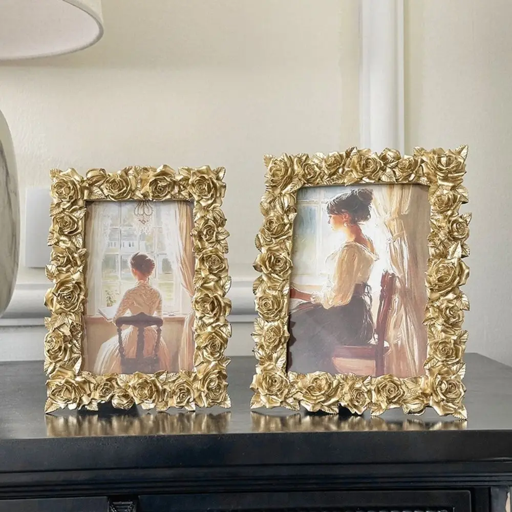 European Style Rose Edged Picture Frame Retro 5/6/7 Inch Photo Frame Gold Rectangular Photo Props Frame Ornaments For Desktop