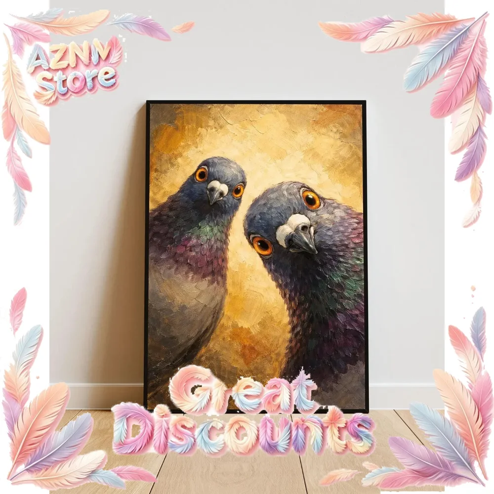 2026 Whimsical Pigeons Art Print, Mid Century Retro Bird Poster, Funny Animal Wall Art, Quirky Home Decor for Kitchen or Living 
