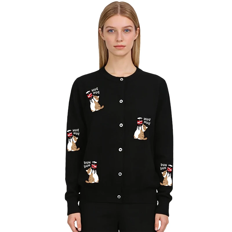 

Женский шерстяной кардиган с круглым вырезом, забавный кот, питьевая кола, узор с принтом, весенне-осенний вязаный свитер