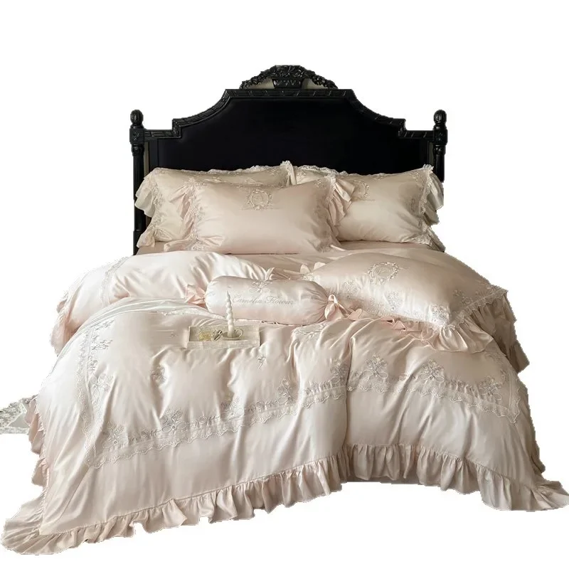 Lyocell Tencel four-piece set, French three-dimensional embroidery princess lace