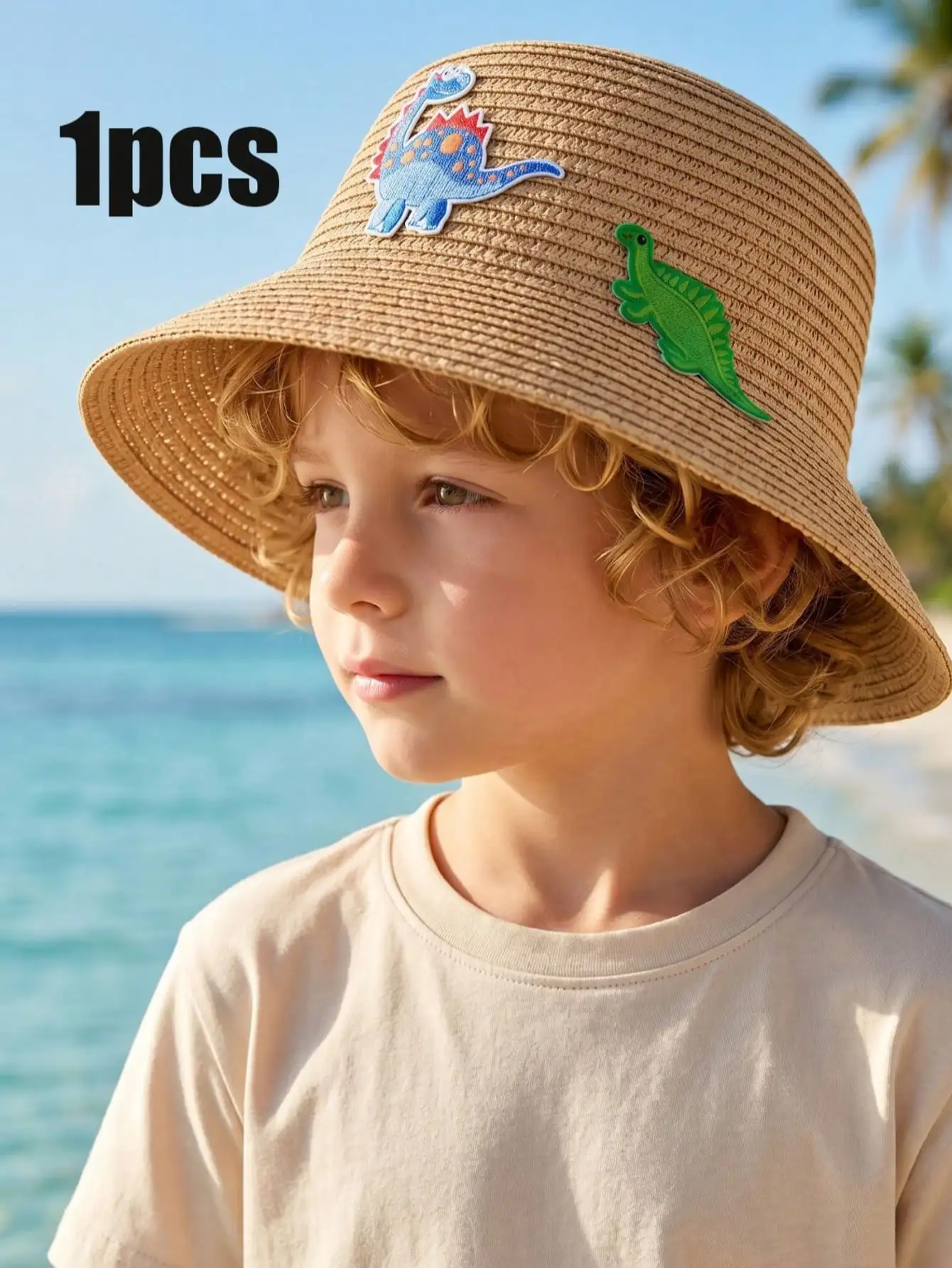 1 Stück 3-8 Jahre Jungen Cartoon Dinosaurier Strohhut Atmungsaktive Gewebte Sommer-Sonnenschutzkappe Outdoor Strand Sport Freizeit