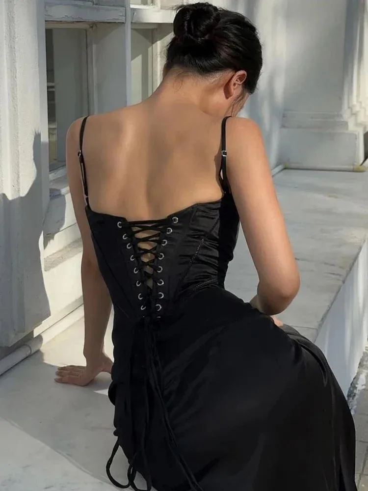 Summer Black Spaghetti Strap Satin Prom Dress Lace Up Wedding Dress Hollow Out Party Evening Dress Sleeveless Women New In Dress