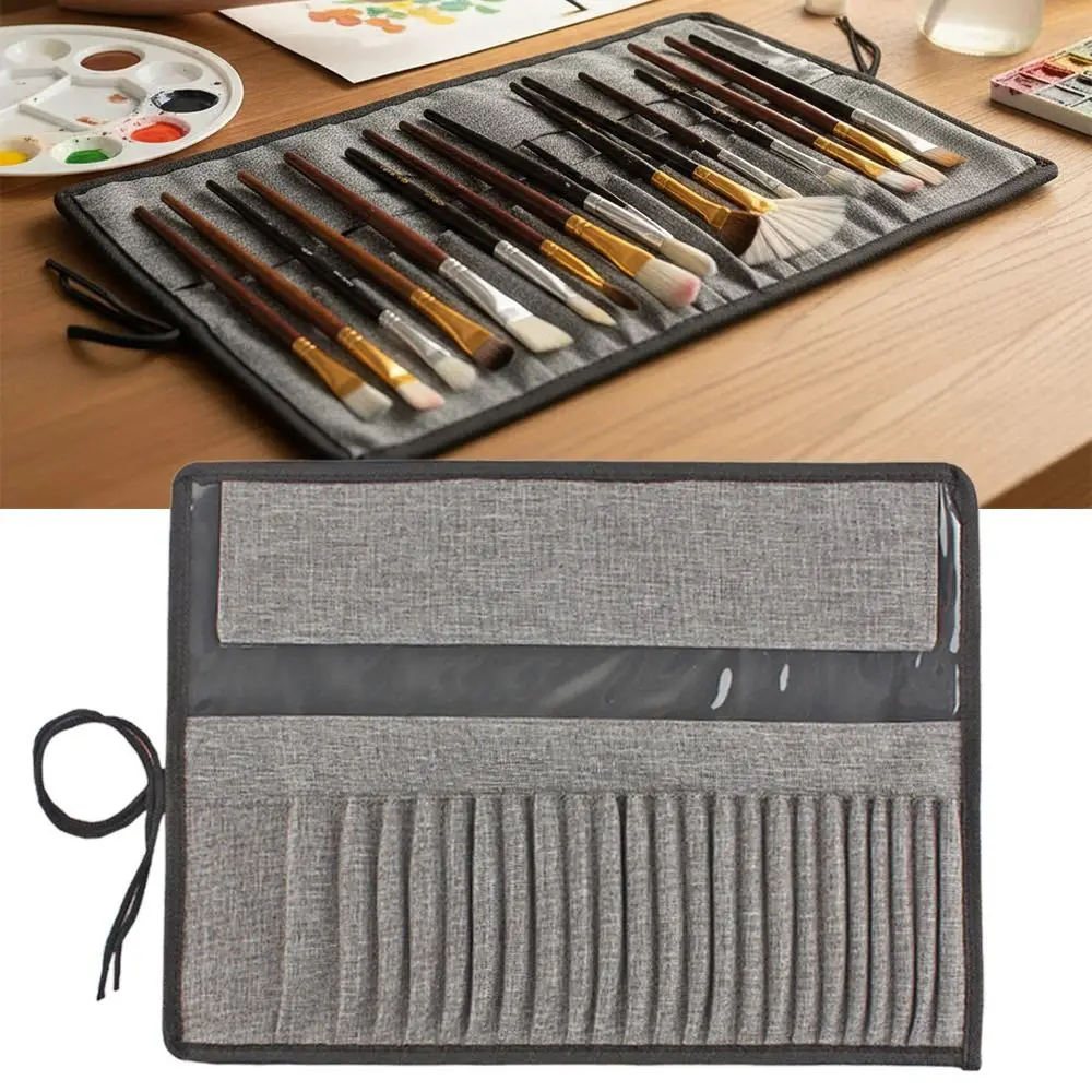 Durable Canvas Painting Brush Storage Pouch Grey Waterproof Pen Curtain 24 Holes Roll Up Pen Bag Students