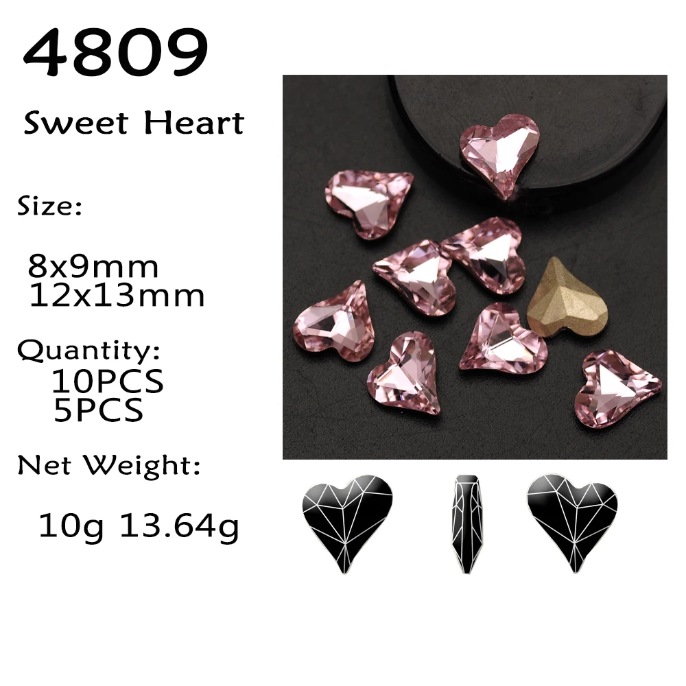 Light Rose 8mm 12mm Sweet Heart Nail Charms K9 Fancy Stones Glitter Glass Rhinestones for 3D DIY Nail Art Decoration