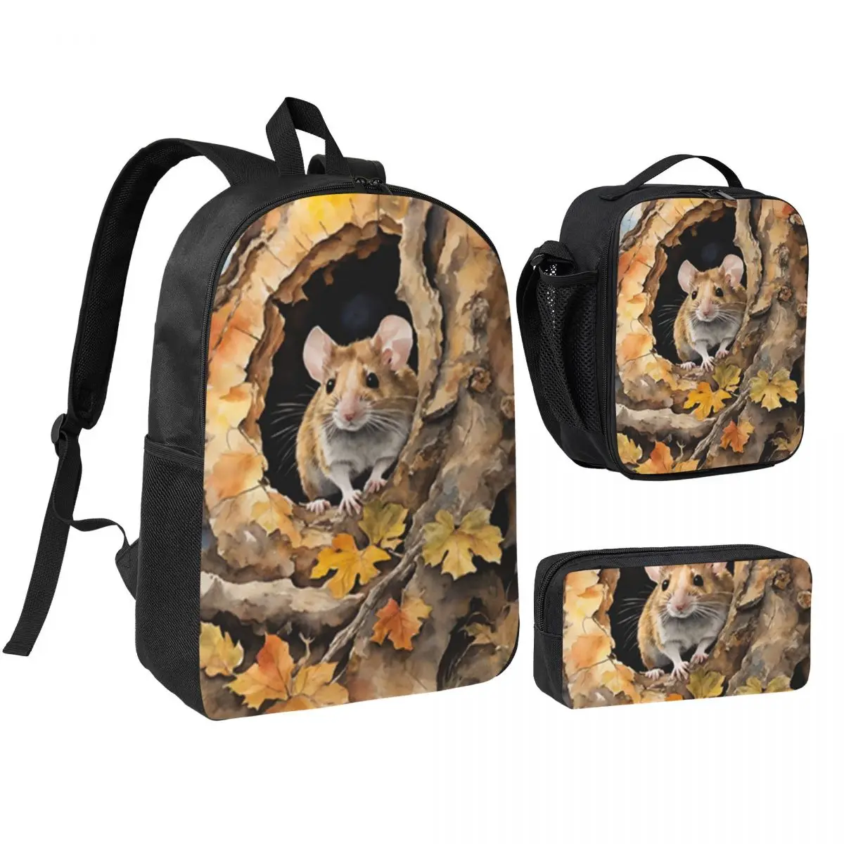 Mouse Flower Tree Hole Oil Painting Backpack Student BookBag School Bag Shoulder Bags 3ps Insulated Lunch Bag Pencil Case