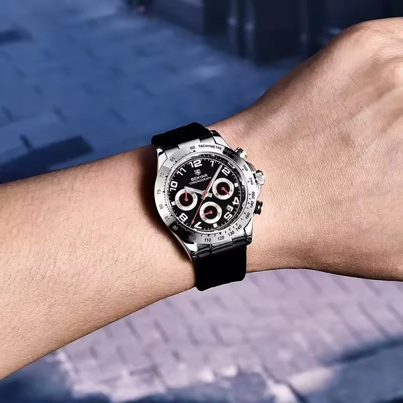 BENYAR 5192 montre à Quartz de luxe décontractée pour hommes lunette en acier bracelet en Silicone étanche multi fonctionnelle veilleuse montre pour hommes cadeau