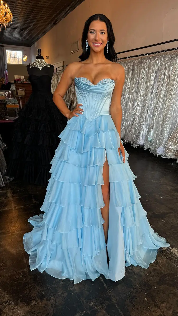 

Blue Chiffon Tiered A Line Prom Dresses Long for Women 2025 V Neck Corset Ruffle Side Slit Formal Evening Gowns Customized