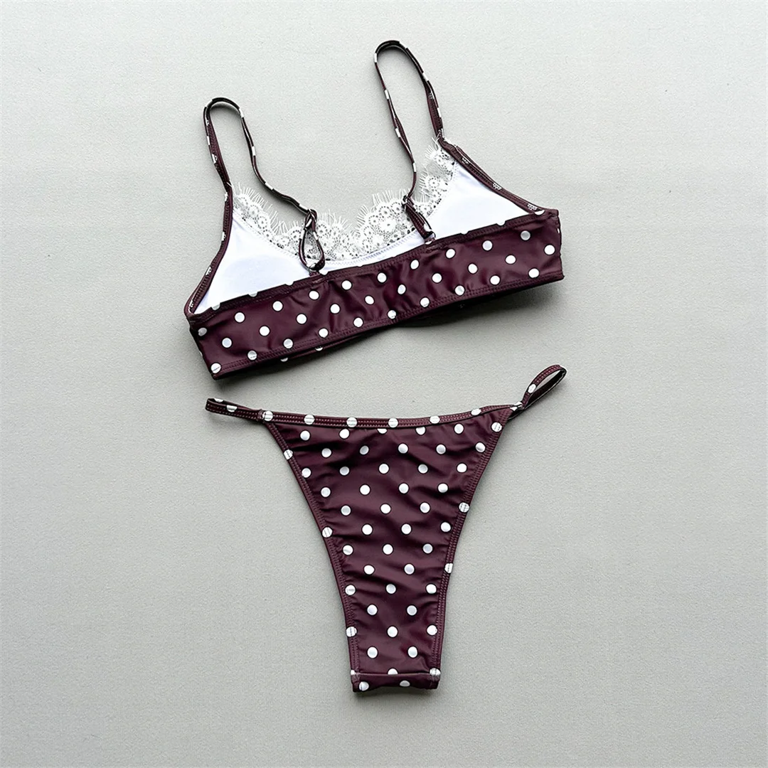 Polka Dot Splicing Spitzen-Bikini Damen-Badeanzug Zweiteiliger Bikini-Set mit hohem Beinausschnitt Badeanzug V8452 – Detail 10