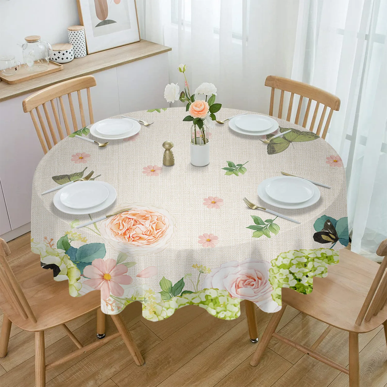 Plant Flower Butterfly Round Tablecloth Waterproof Wedding Party Table Cover Xmas Dining Table Tablecloth