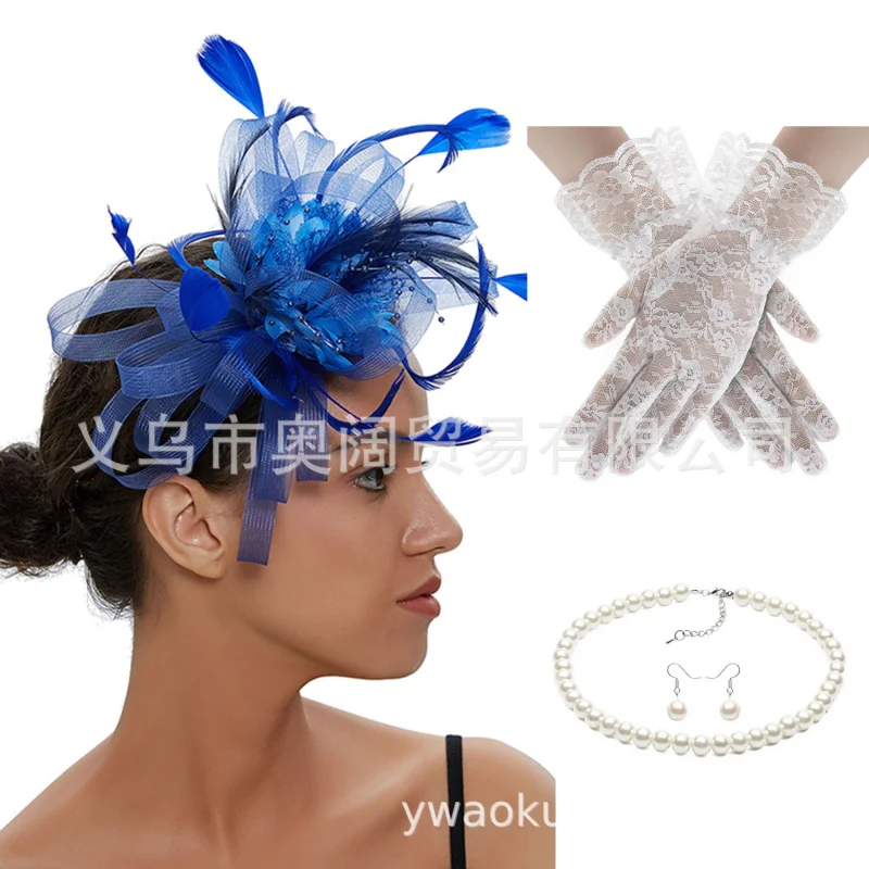 

Cross-Border Retro Bride Headpiece Halloween Christmas Horse Racing Festival Headwear Gloves Earrings Set