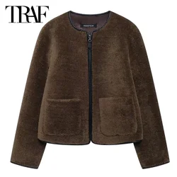 TRAF Fleeced Crop Outerwears Women's Winter Jacket  Autumn New In Coats & Jackets Long Sleeve Coat Demi-Season Jacket For Women