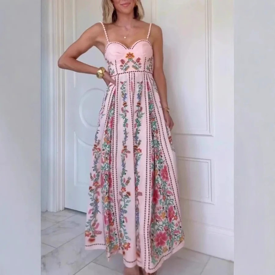 2025 New Fashion Elegant Sexy Decorative Beads Sling Positioning Printing Holiday Dress for Women