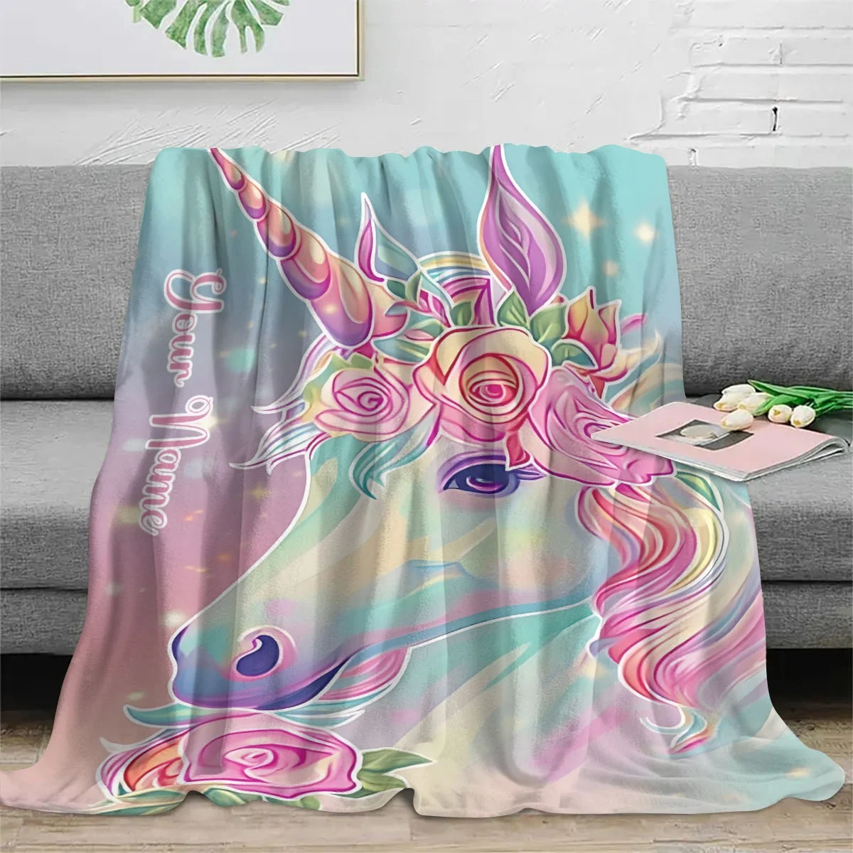 Personalized Name & Unicorn Pattern Blanket, Stunning Gradient Pink Blue Fantasy Design, Perfect Birthday Gift for Kids, Dreamy