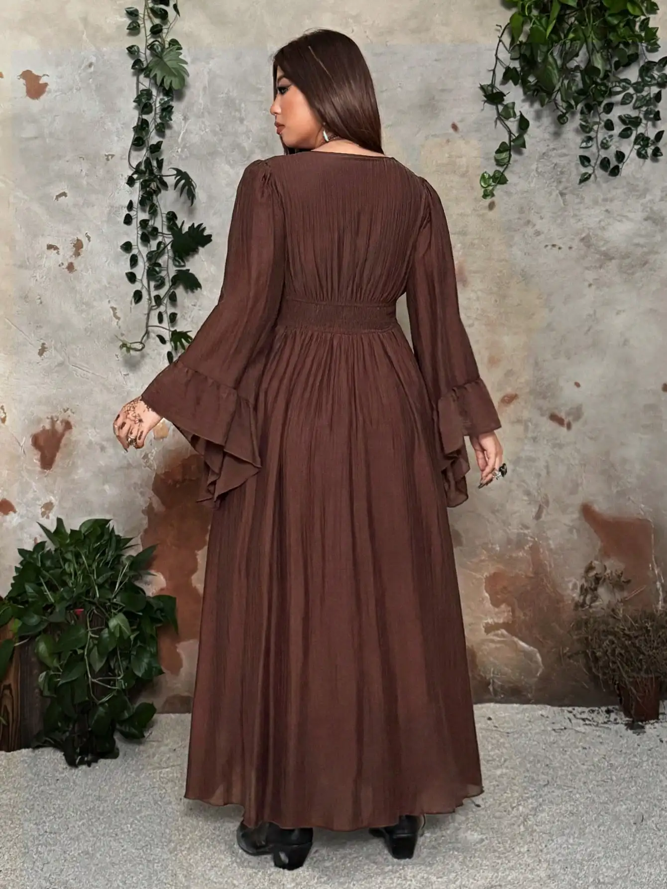 

Bohemian V-Neck Cinched Waist Flare Sleeve Maxi Dress