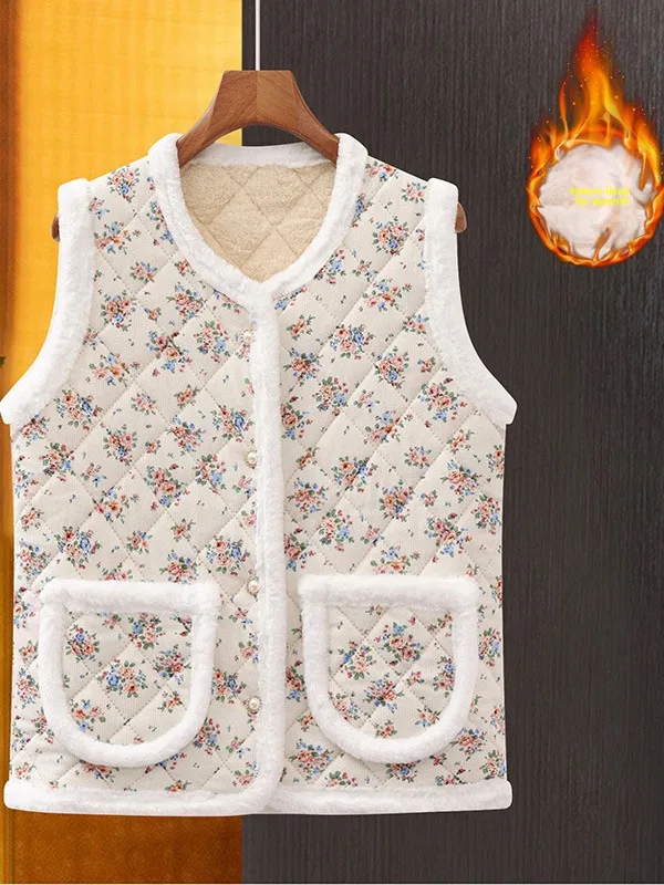 سترة نسائية أنيقة مبطنة بالصوف مع نقشة زهور للخريف والشتاء، سميكة مصنوعة من ألياف البوليستر