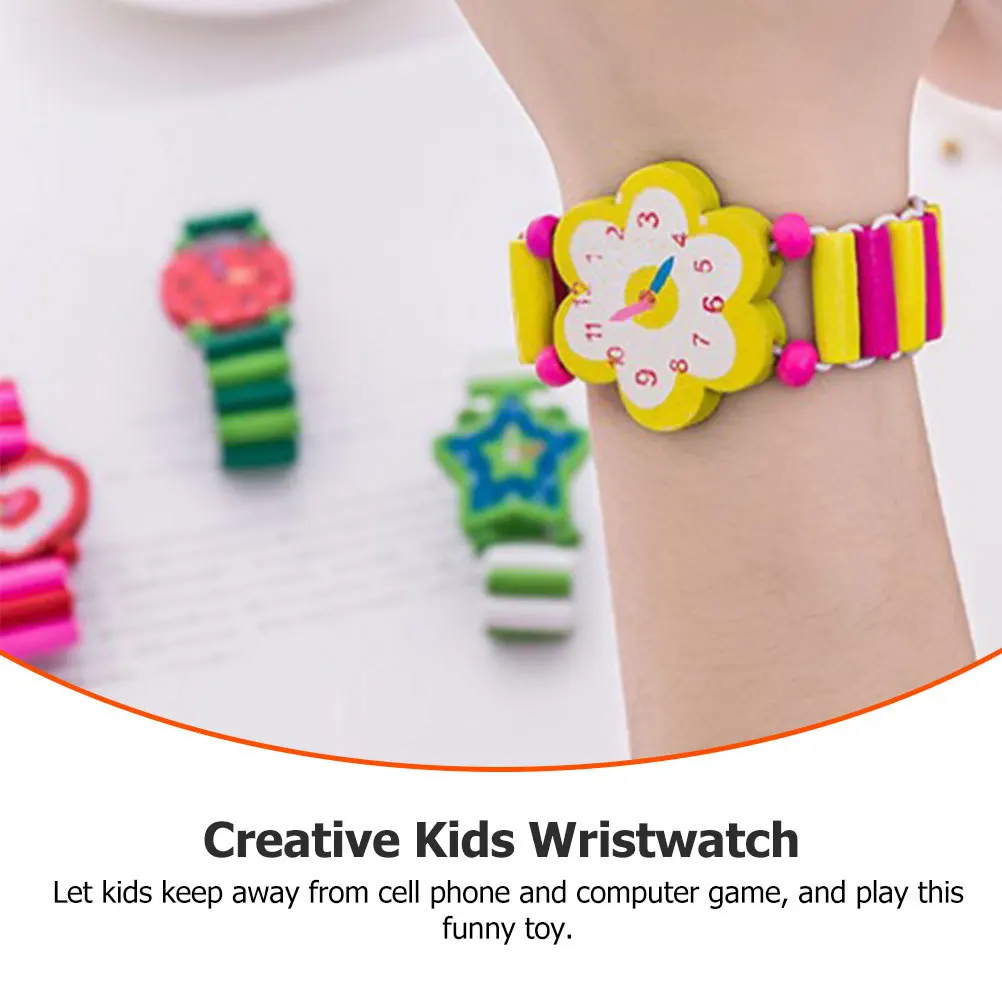 5 pezzi di cartone animato orologio in legno giocattoli per bambini colore brillante tempo cognitivo educativo falso orologio in legno per bambini apprendimento precoce