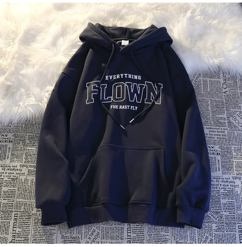 FLOWN Letter Printed Hoodies Men/Women Casual Fashion Hooded Shirt Long Sleeves Pullover Sweatshirts Oversized Unisex Clothing