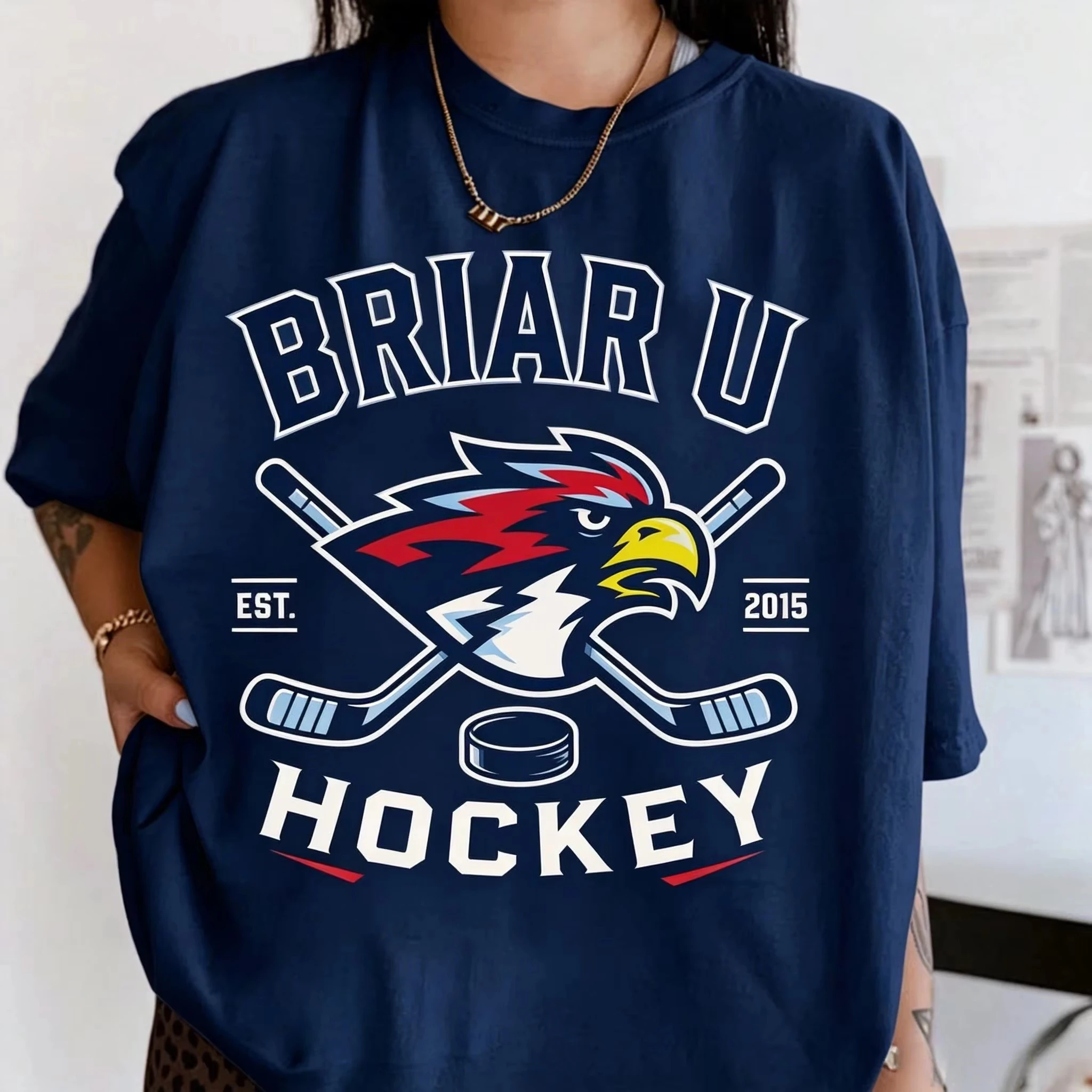 2026 Summer New Y2k Ice Hockey Streetwear Off-Campus Briar University Hawks Graphic Print T Shirt Casual Loose T-shirt Unisex