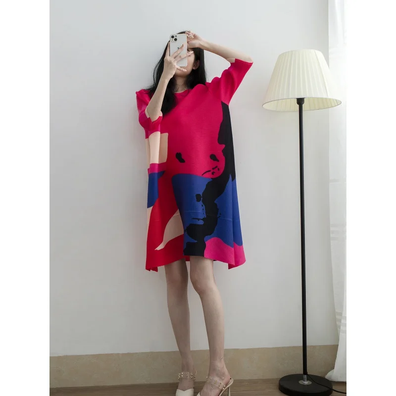 Boutique MIYAKE Pleated Style Summer New Printed Round Neck 3/4 Sleeve Dress with Feminine Style and Loose Fit [sky265]