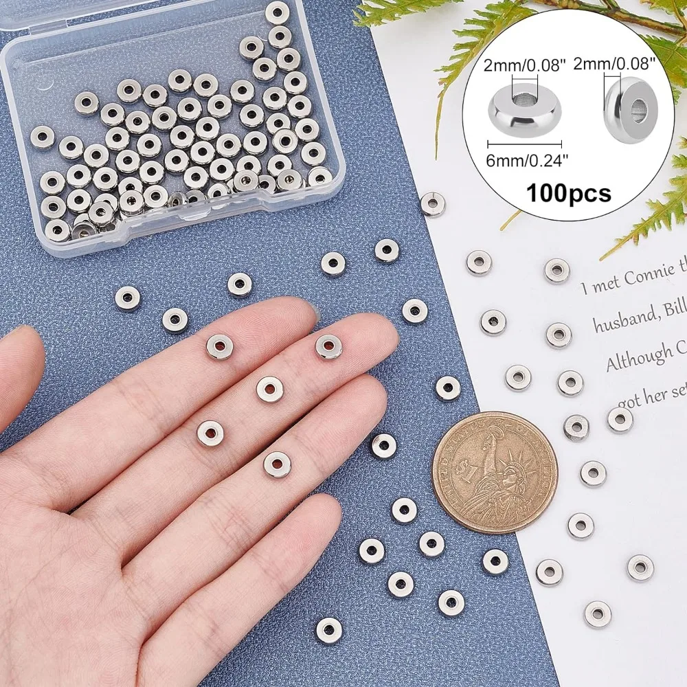 About 100pcs Flat Round Metal Beads Stainless Steel Spacer Beads Disc Rondelle Slices Beads for Jewelry Making 2mm Hole Stainle