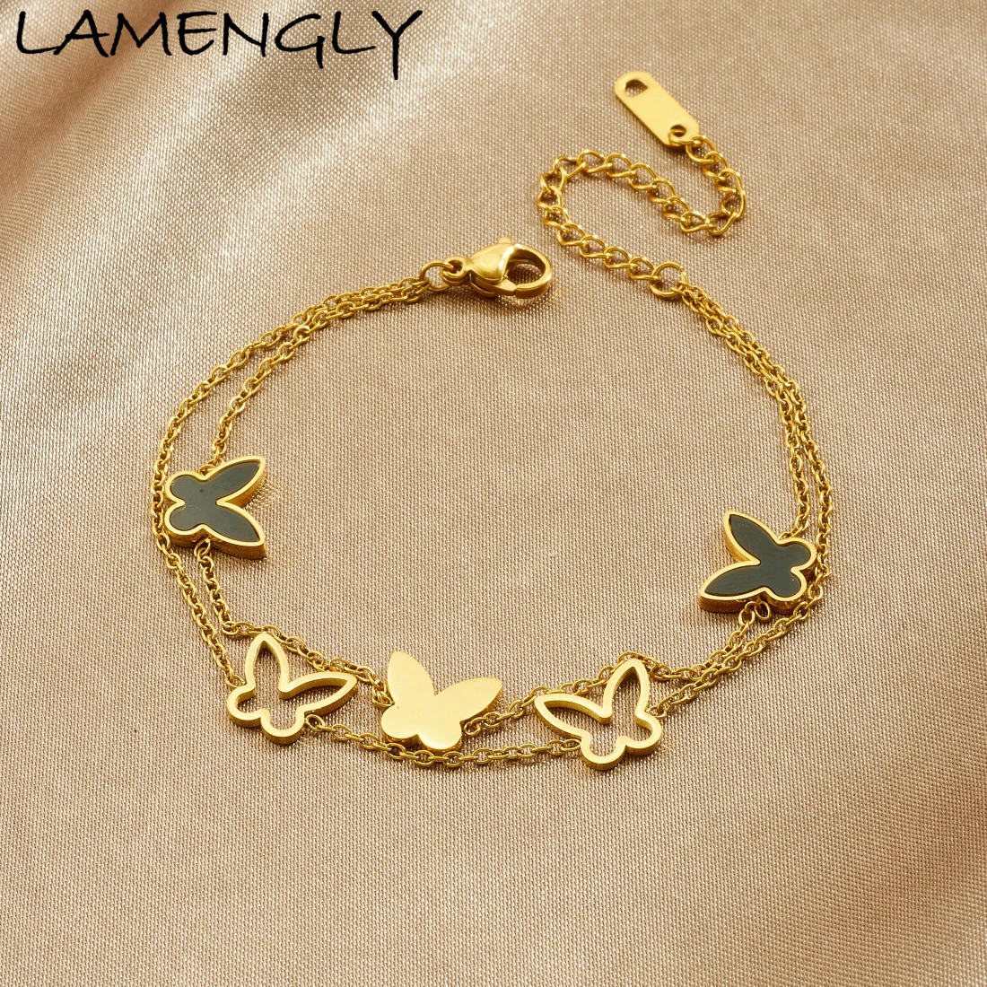 LAMENGLY 316L Stainless Steel Black Shell Inlay Hollow-Out Butterfly Double-Layer Bracelet Women New Trend Hand Chain Party Gift