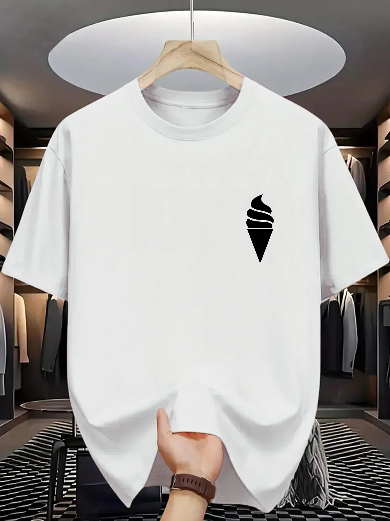 Men Crew Neck Tee Simple Ice Cream Cone Chest Silhouette Print Soft Cotton Padded Loose Short Sleeve Casual Male Streetwear Tops