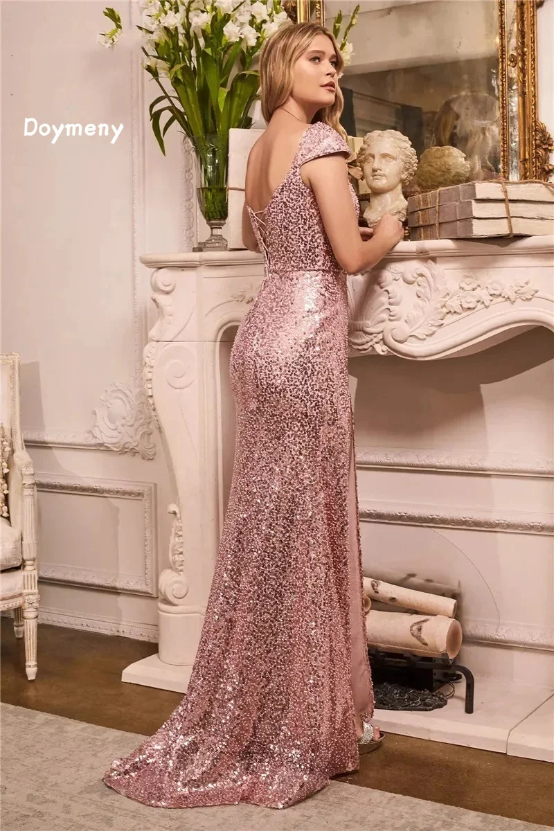 Doymeny Sequined Mermaid Evening Dresses High Side Split Cap Sleeves Prom Dresses Formal Party Gowns For Women robes de soirée